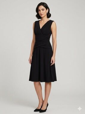 George Stretch Black Soot V-Neck Ruched Faux Wrap Midi Dress Medium 8/10